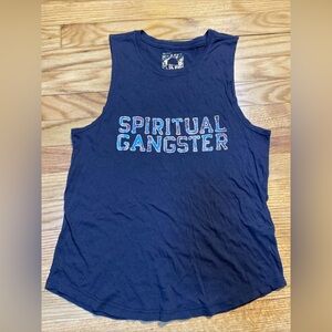 SPIRITUAL GANGSTER Black w gold letters sleeveless tee Women Sz S pre-owned